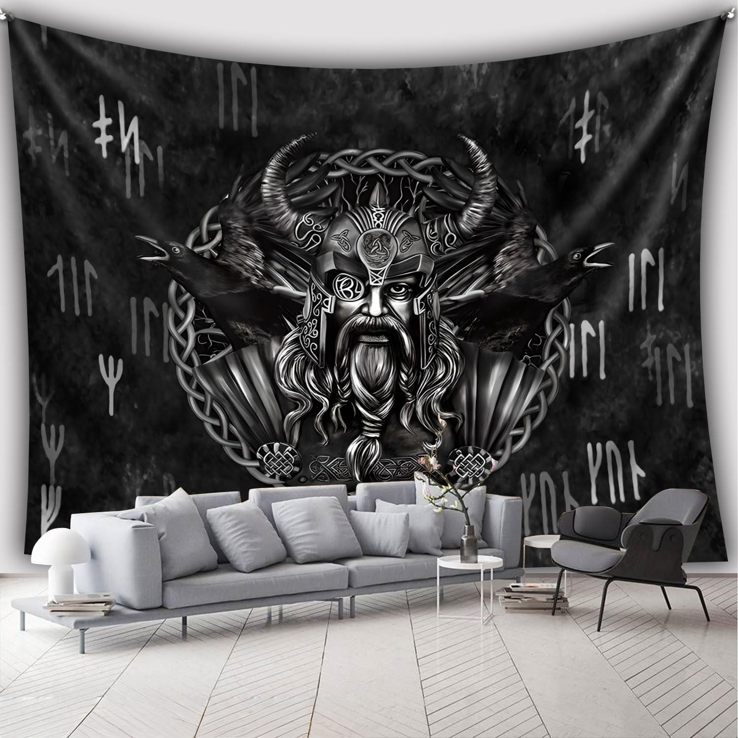 Arsey Wandteppich – Wikinger Deko mit Odin und Raben, Runen Wandtuch, Ideal für Nordische Mythologie und Viking-Liebhaber, Tapestry Wandbehang 300 x 180, Schwarz