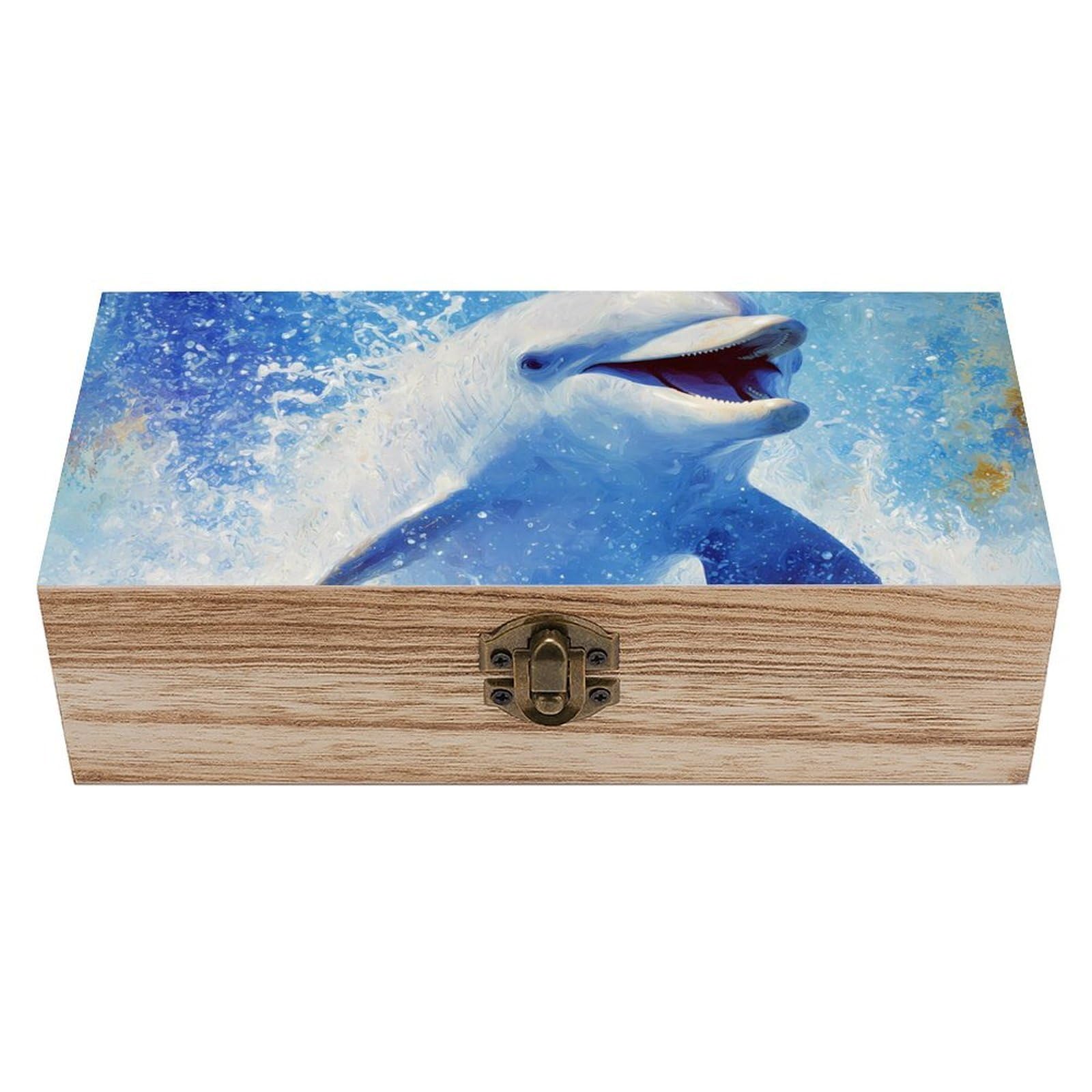 HLBSDM Dolphins JumpsSea Water Wooden Storage Box Craft Memory Keepsake Treasure Chest Box Jewelry Organizer