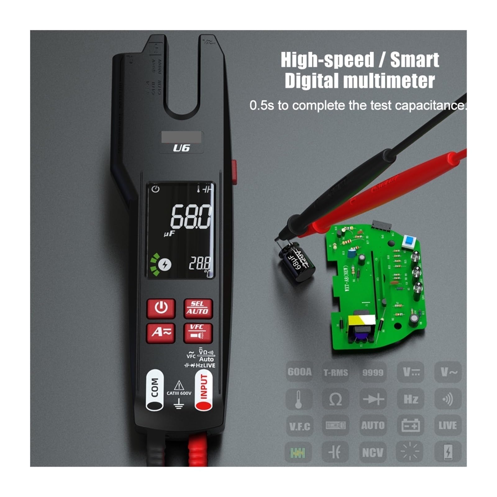 Pinza amperimétrica digital, Medidor De Pinza Digital Profesional U6 Horquilla 600A Amperímetro Alica T-RMS DC AC Corriente Abierta Mandíbula Eléctrica Ter Auto Multímetro