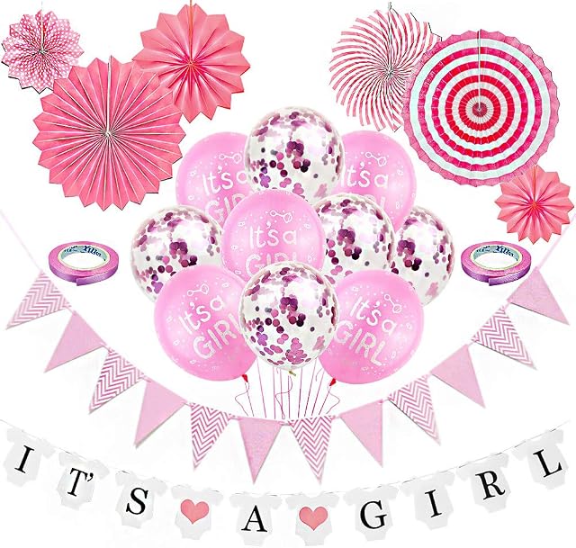 DOJoykey 20pcs Baby Shower Decoration Set, Include ITS A GIRL Banner, Pink Paper Bunting, 2pcs Pink Ribbon, 10pcs Latex Balloons and 6pcs Paper Fans for Baby Girl Party Decoration