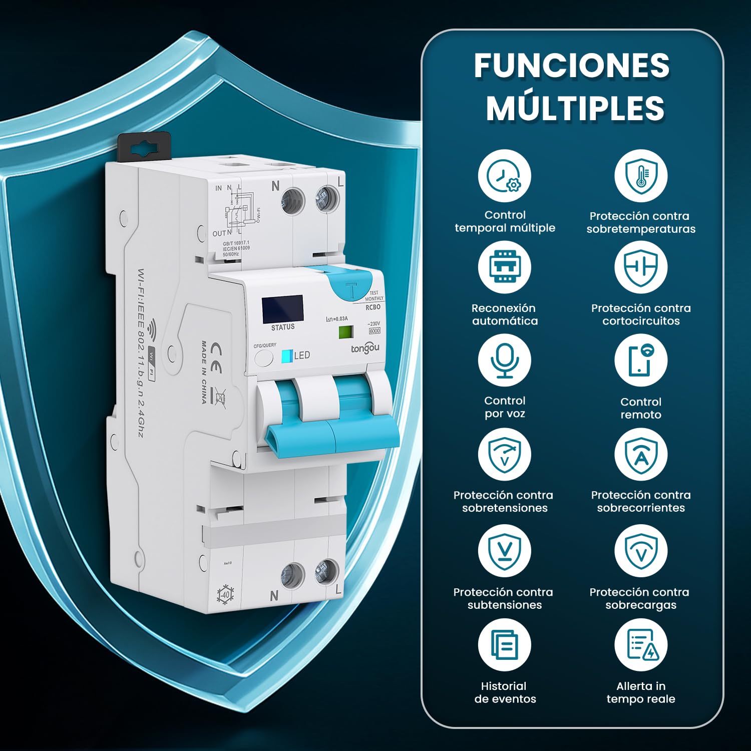 TONGOU Interruptor diferencial Superinmunizado WIFI/TUYA App， Auto Rearmable Disyuntor 1P+N，Rearme Automatico con Sobrecorriente y Fugas 1-40 A, 30-100 mA ajustable ，Clase AC 6Ka Carril Din RCBO