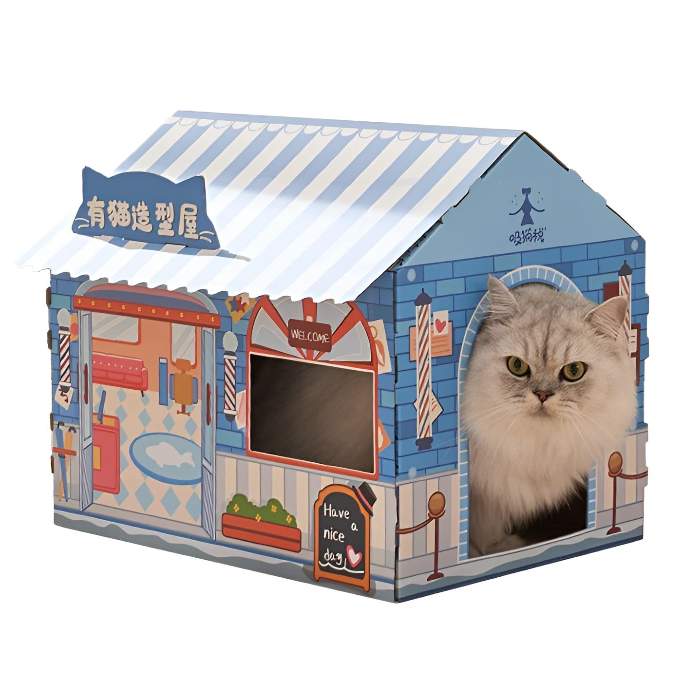TOMVAESCardboard Cat House with Scratcher/Catnip, Cat Play House for Indoor Cats, Cat Scratching Toy, Cat Hideaway Furniture for Cat Birthday 44 * 33 * 46cm
