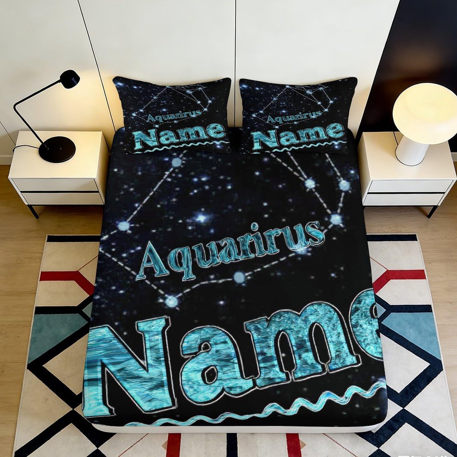 3D Printed Aquarius Constellation Fitted Sheet Microfiber Soft Black Starry Sky Bed Cover for Bedroom Decor 90x200x25cm