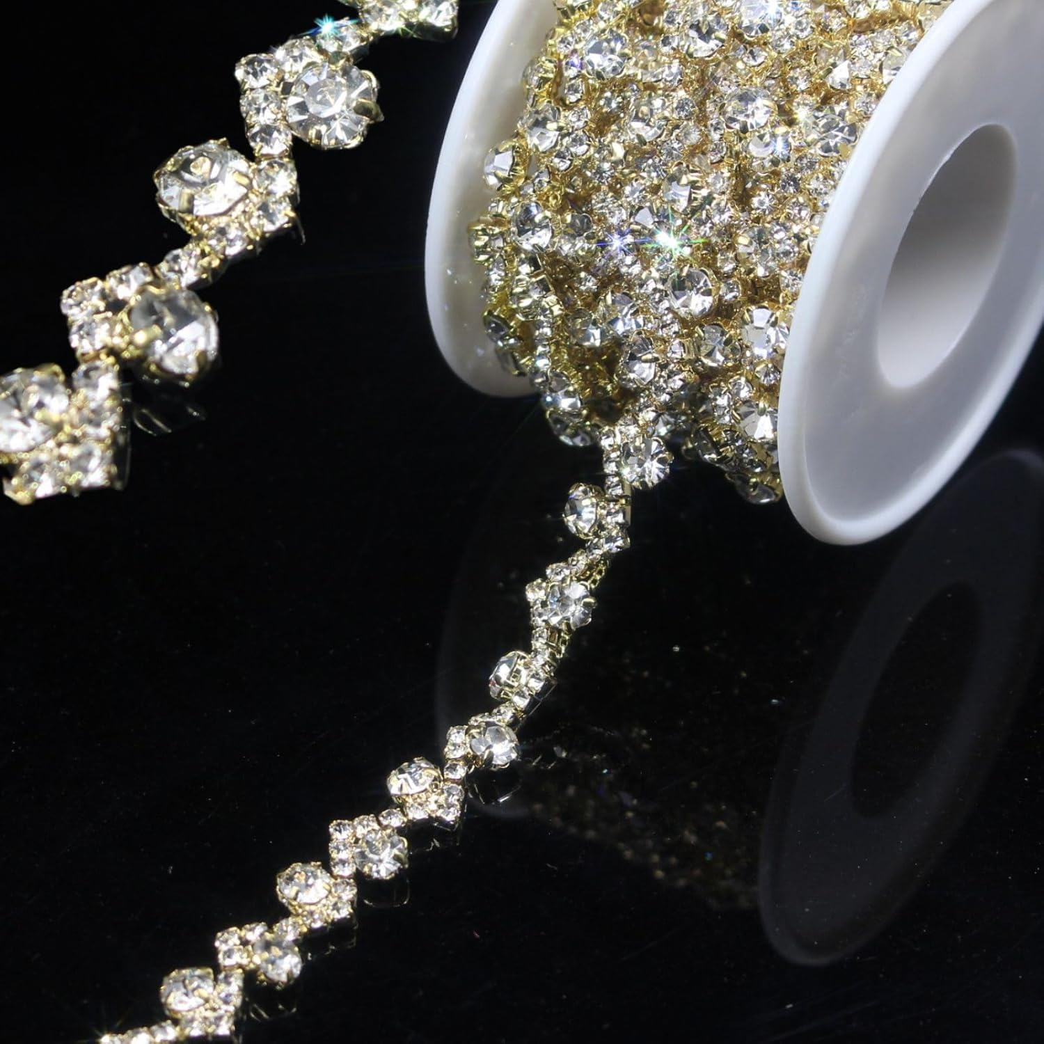 PEARLY JUN 6 Yards Rhinestone Trim Chain Gold Diamond Applique Crystal Fringe String for Wedding Dress Straps Sewing Embellishments Crafts Bedazzling Clothes Accessory