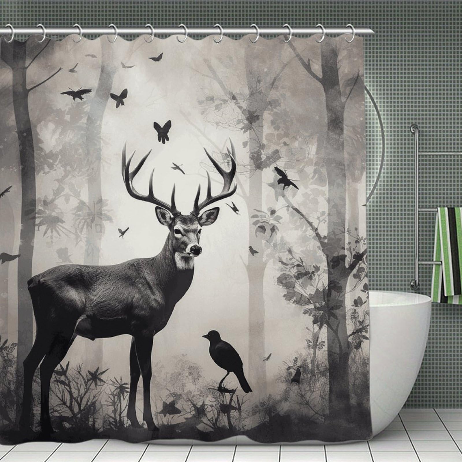 QMNLKH Hunting Silhouette of Deer Shower Curtain with Hooks, Waterproof Bath Curtains for Bathroom, Lightweight Bath Curtains Liner for Hotel, Personalized Bath Curtain for Spa, 70.8 Inch