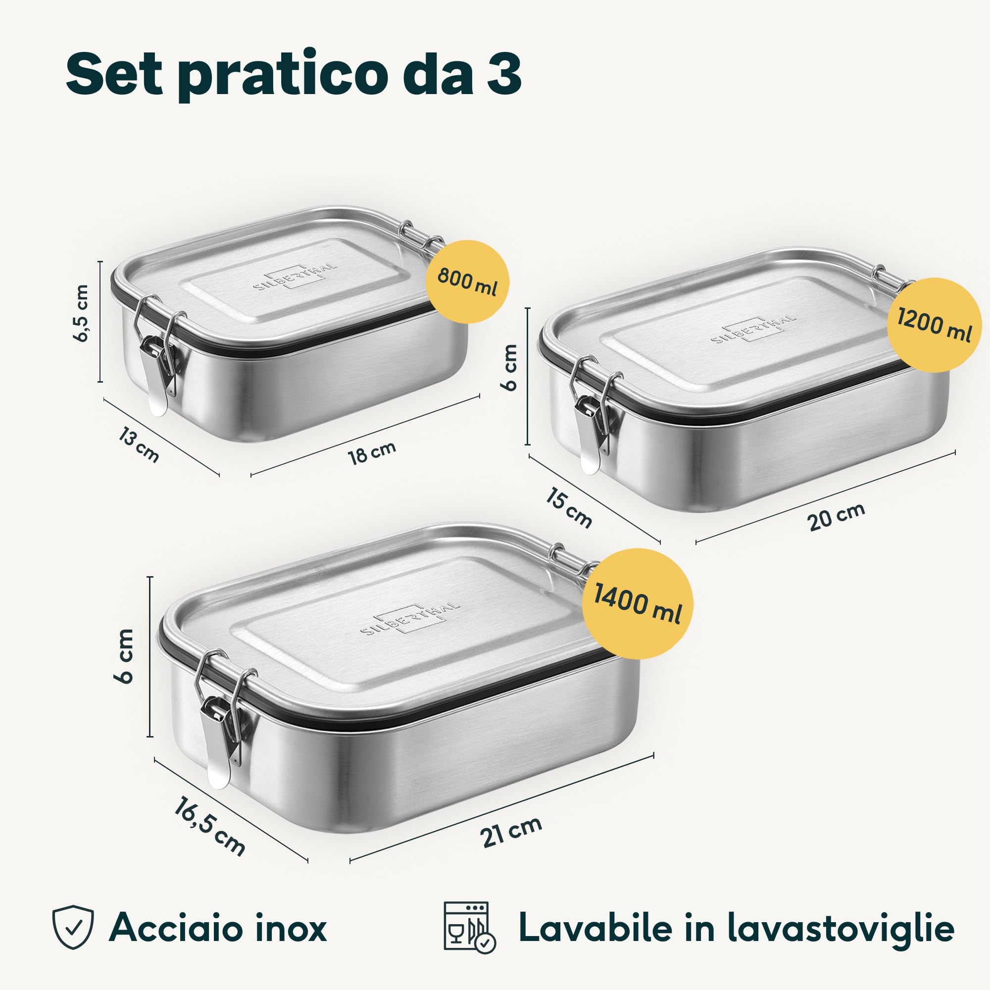 SILBERTHAL Set 3 porta pranzo inox 800/1200/1400ml - Ermetici Lunch box | 800,1200 e 1400 ml - Ermetico con 2 divisori - Acciaio inox - Ermetico e antigoccia - Divisore rimovibile