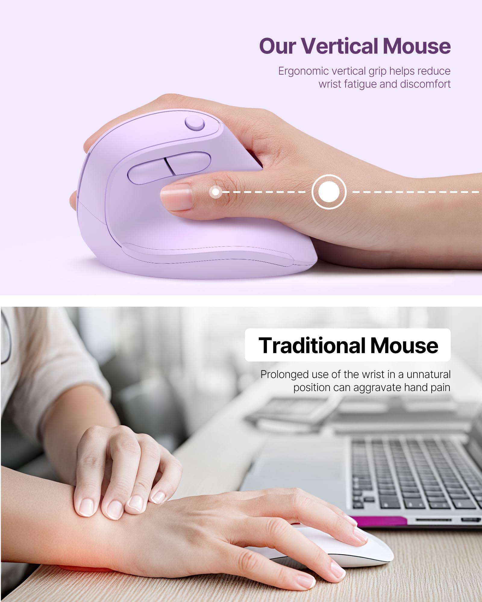 Ergonomische Maus, Kabellose Bluetooth Vertikale Maus mit Dual Verbindung (Bluetooth 5.0 & USB-A) Leise Ergo Maus für Windows Mac iPad OS PC Laptop Lila