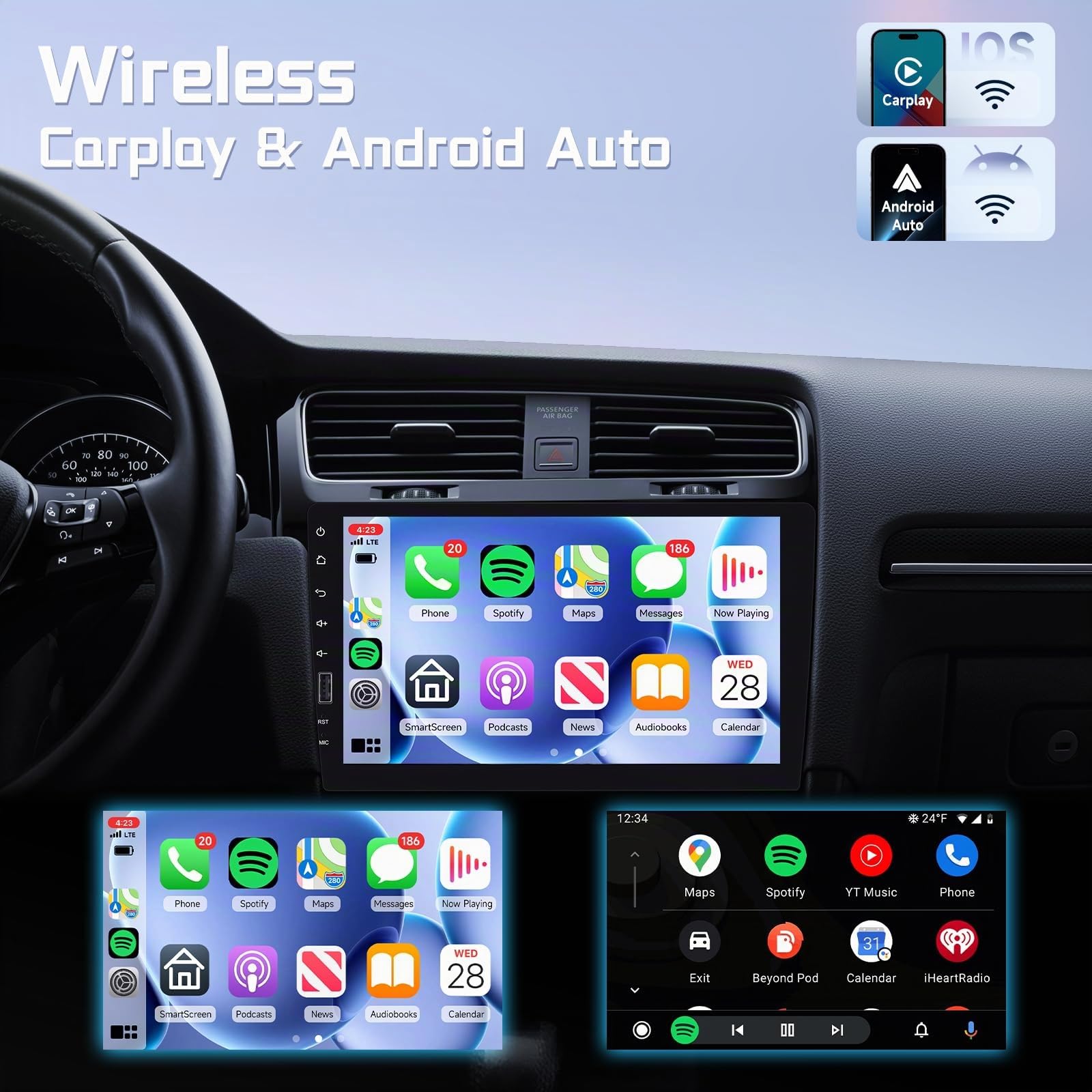 Rimoody Autoradio 1 DIN mit Wireless CarPlay & Android Auto, 9 Zoll Touchscreen, Mirror Link, DVR, Lenkradsteuerung, 12-LED Rückfahrkamera, für Auto