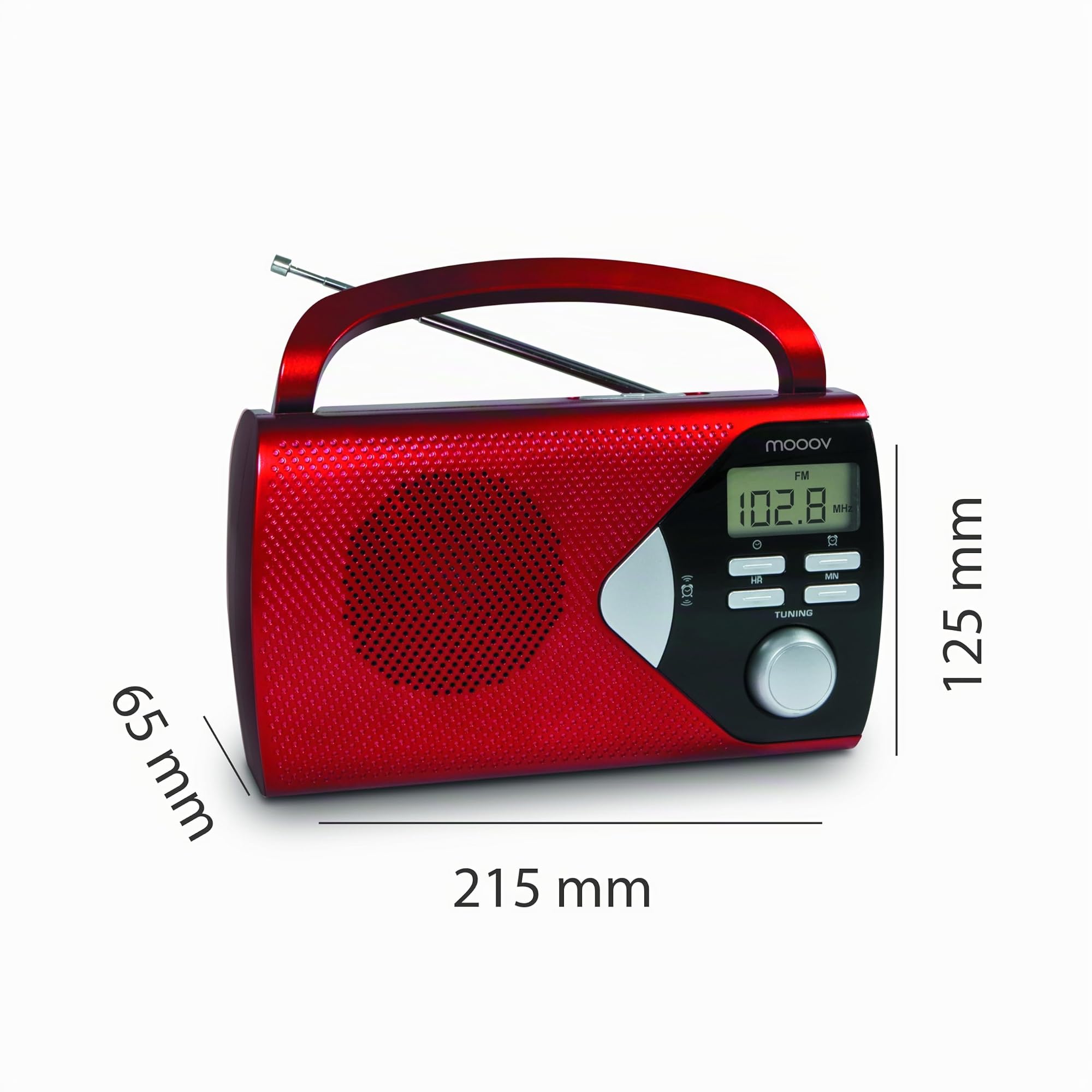MOOOV 477201 Radio Klein FM-AM mit Großes Display/Timing-Funktion/Wecker - Transistorradio kofferradio mit Lautsprecher netzstecker oder Batterien - Rot