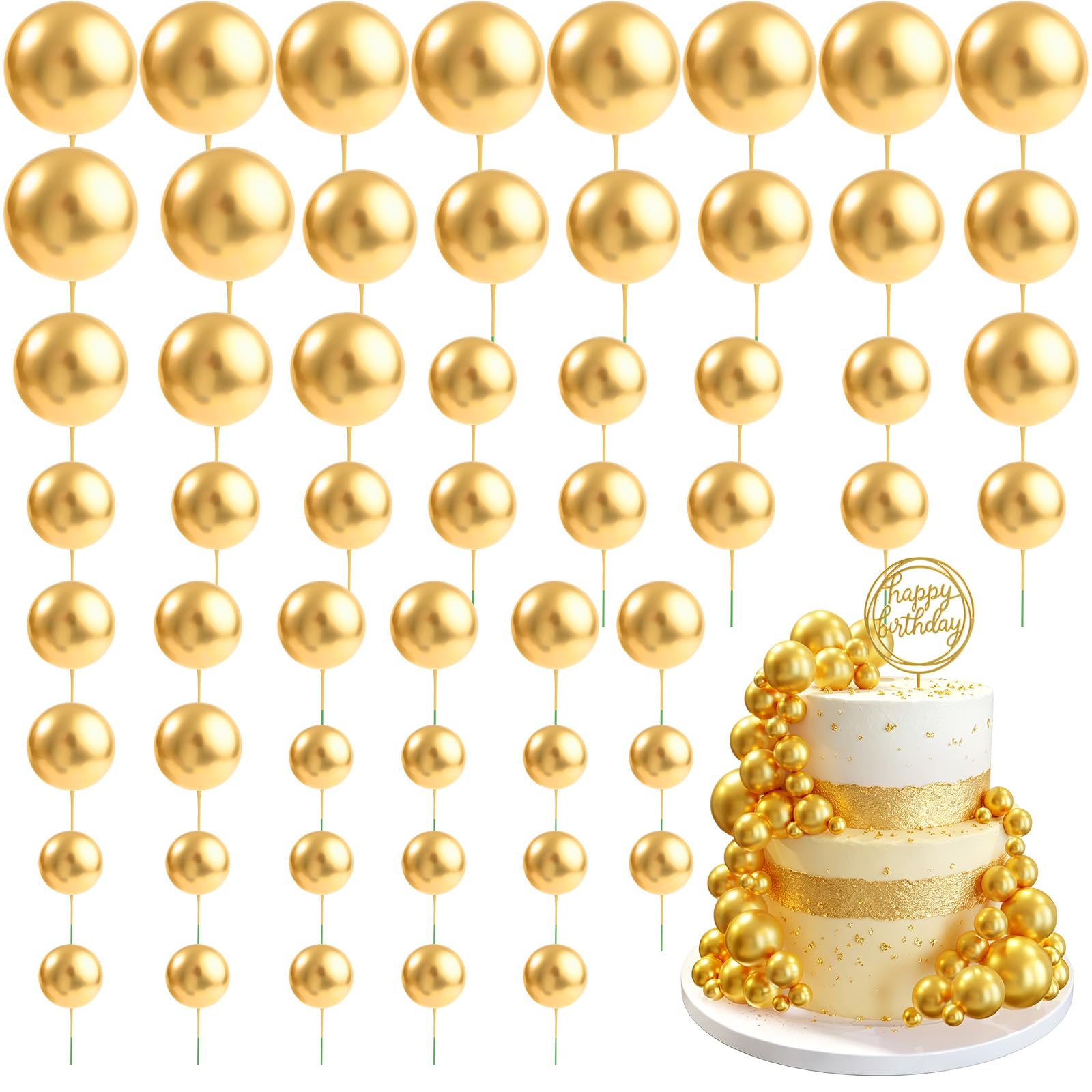 CHRORINE 55 Pcs Balls Cake Topper Decorations Mini Balloon Cupcake Toppers Foam Balls for Cake Decorating Birthday Parties Weddings Anniversary Baby Shower (Gold)