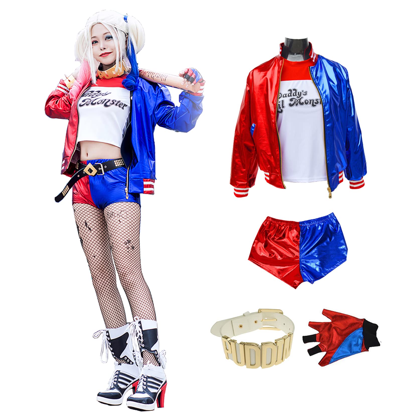 Alaiyaky Harley Quinn Kostüm Damen, Quinn Cosplay Suicide Squad Kleidung Outfit Kommt mit Jacke/T-Shirt/Shorts/Handschuhen/Halskette, Coole Mädchen Outfits für Halloween Karneval - XL Rot und Blau