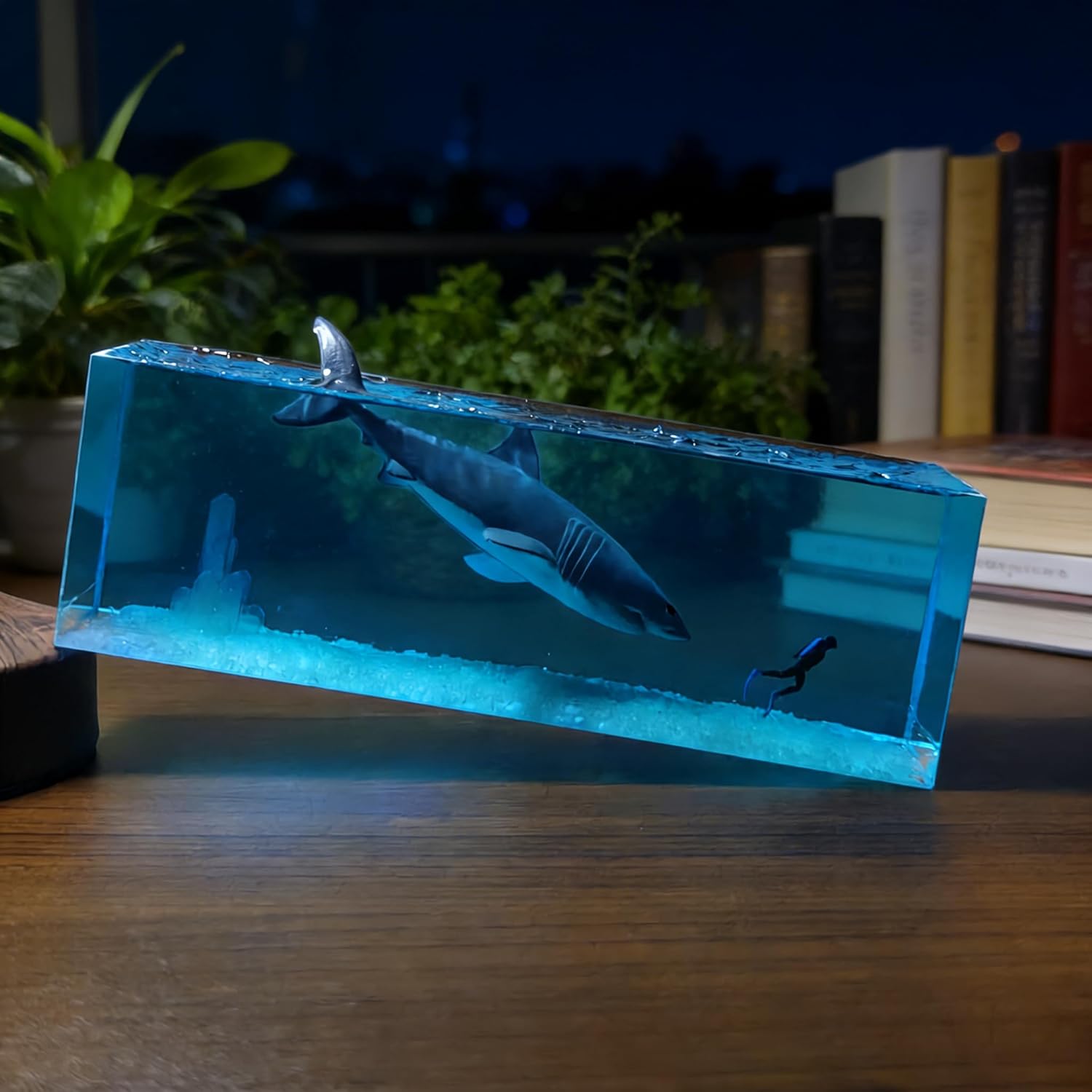 Handcrafted Ocean Scene Resin Art lamp with Wood Base, USB Power,Gift from the sea,Shark Night Light,Blue Epoxy Resin Decor (Shark)