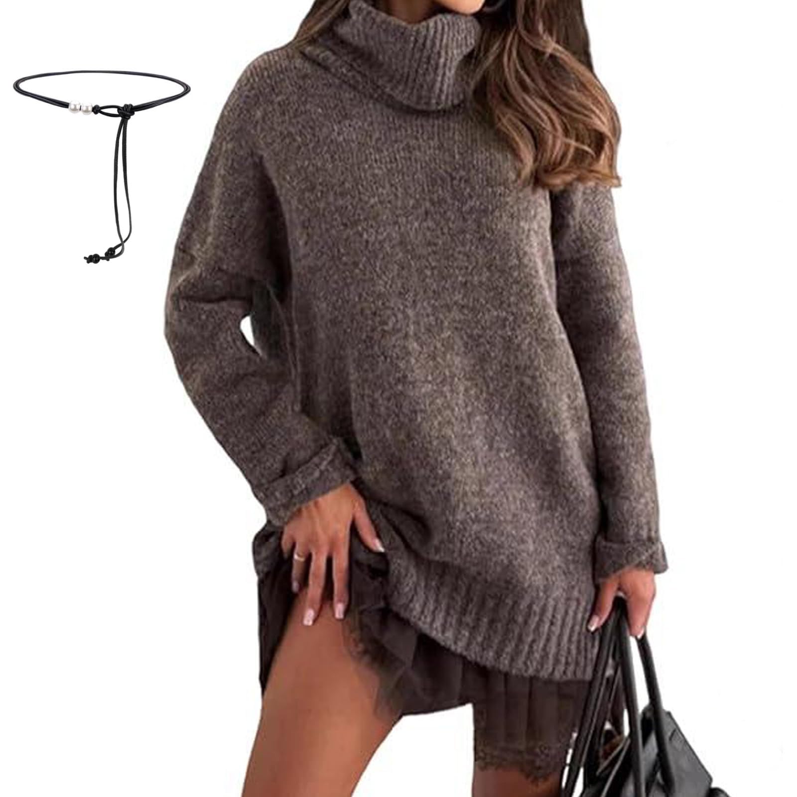 Womens Turtleneck Sweater Mini Dress Set Loose Combining a Soft Sweater Dress with an Elegant Lace-Trim Slip Dress