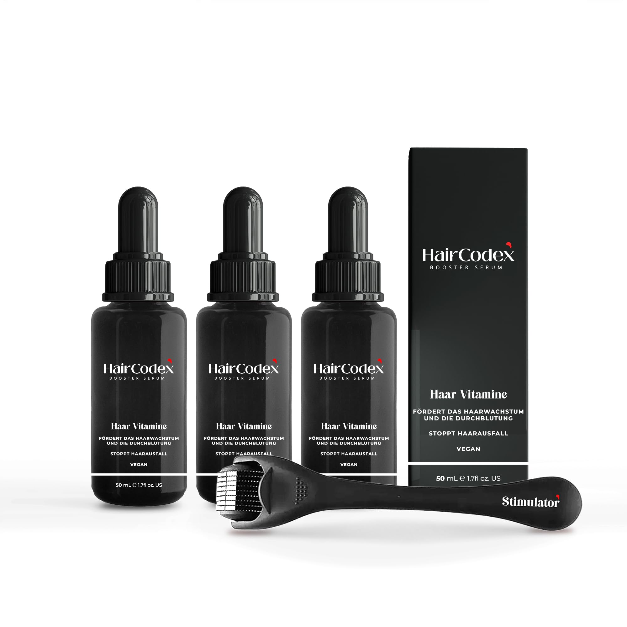 Booster Serum 3x 50ML Haarwuchsmittel mit Biotin und Keratin, 1x HC Stimulator Dermaroller für Haare oder Bart, Erblich Bedingten Haarausfall, 150 ml