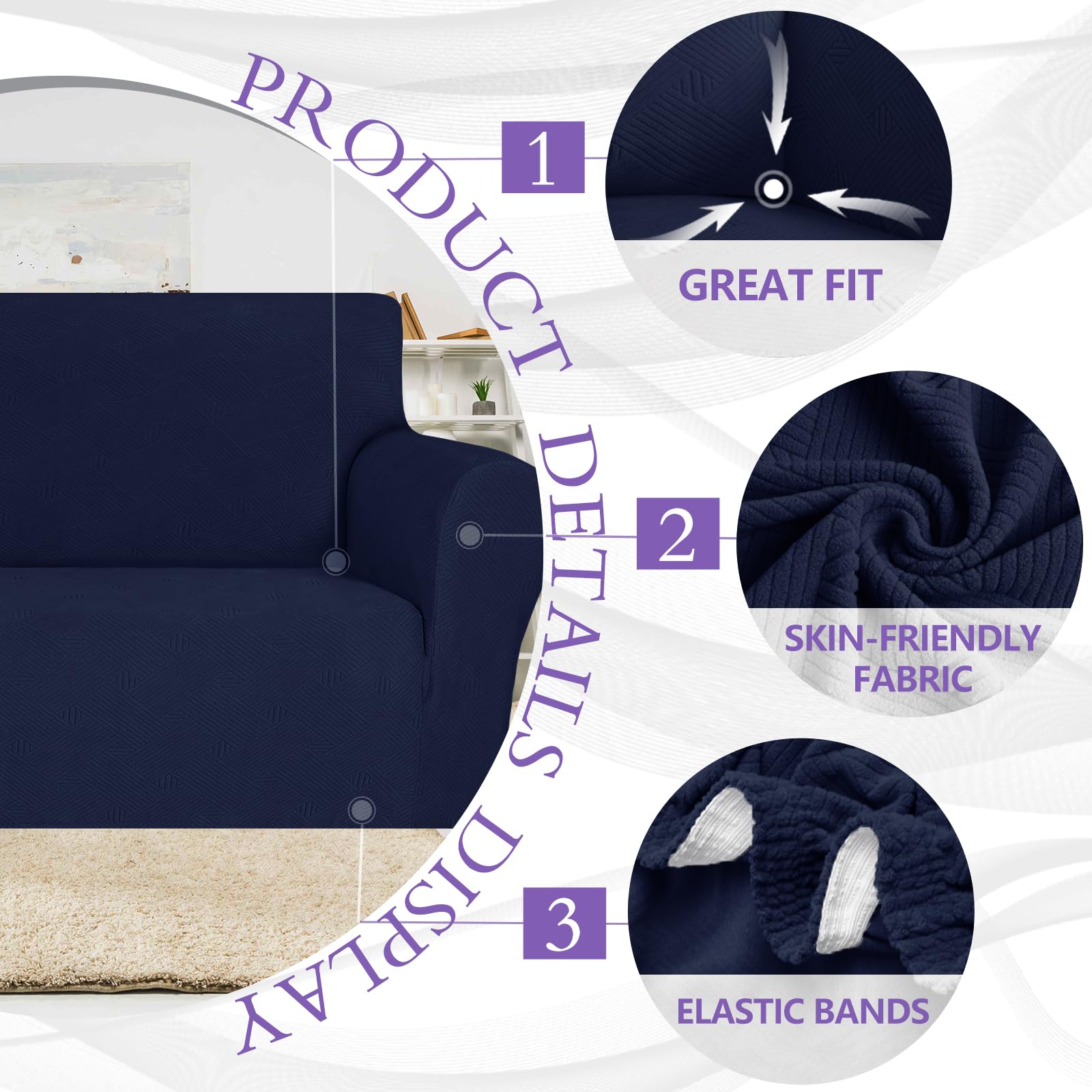 ZNSAYOTX Super Stretch Couch Cover (71"-91"), Newest Striped Sofa Covers Fitted Slipcovers with Elastic Bottom, Dog Cat Pets Proof Spandex Fabric Comfortable & Durable (Navy Blue, Sofa)