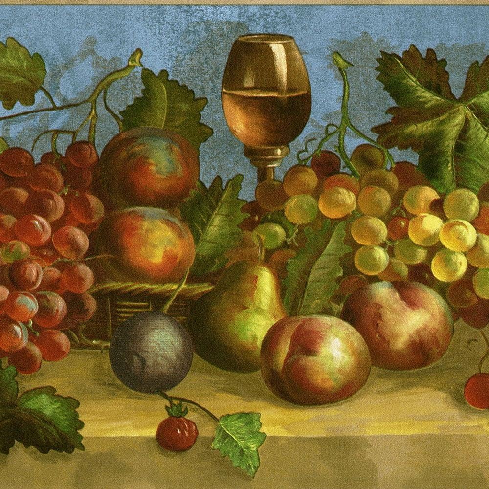 CONCORD WALLCOVERINGS ™ Wallpaper Border Fruits Grapes Peaches Plums Pears in Baskets Wine, Colors Red Orange Green Beige Blue, 7 Inch by 15 Ft WP30503
