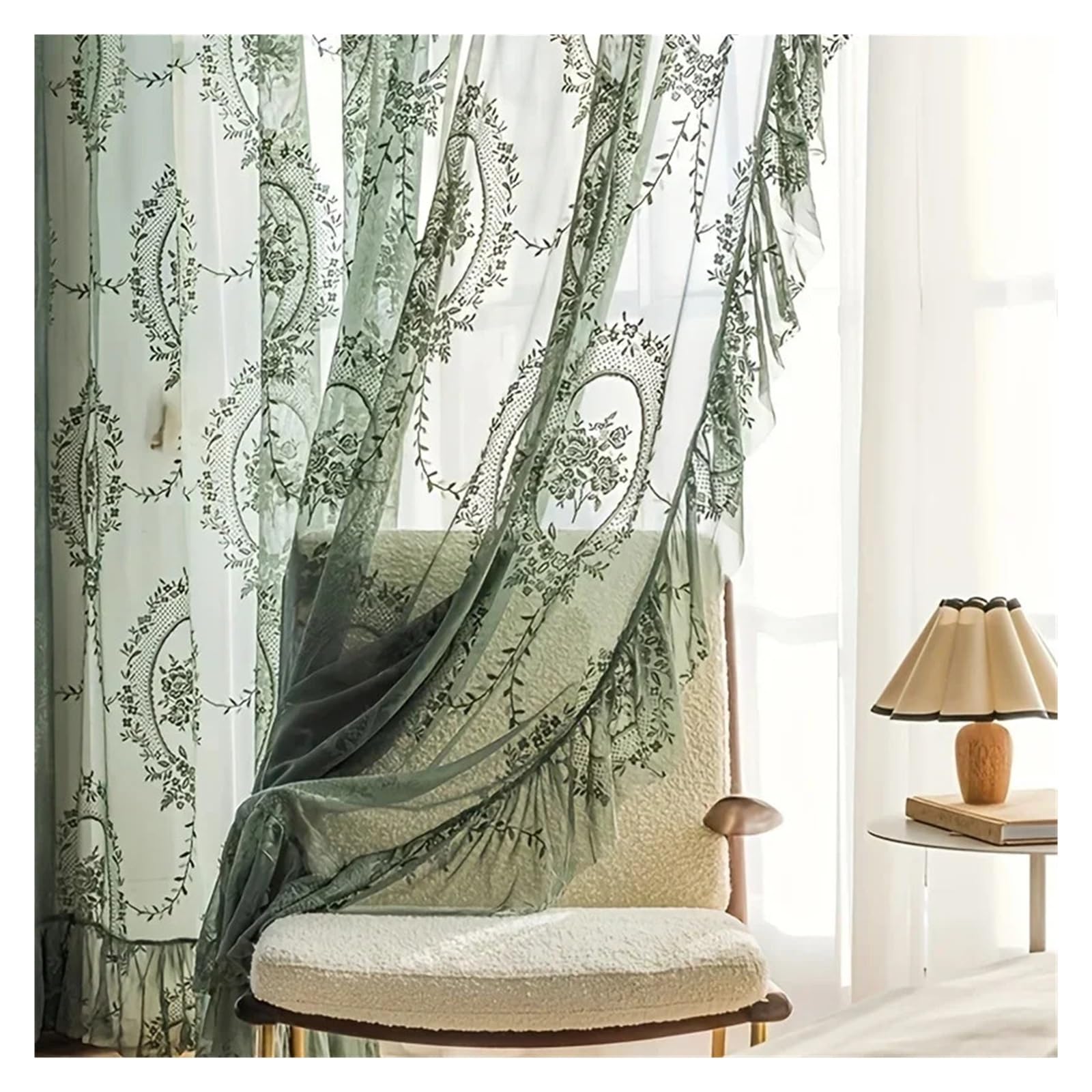 BGHYJKOL Ruffled Curtains Vintage Green Floral Embroidery Sheer Curtain Romantic Ruffled Lace Voile Window Draperies For Bedroom Kitchen Treatment(W150CM X H240CM(1PC))