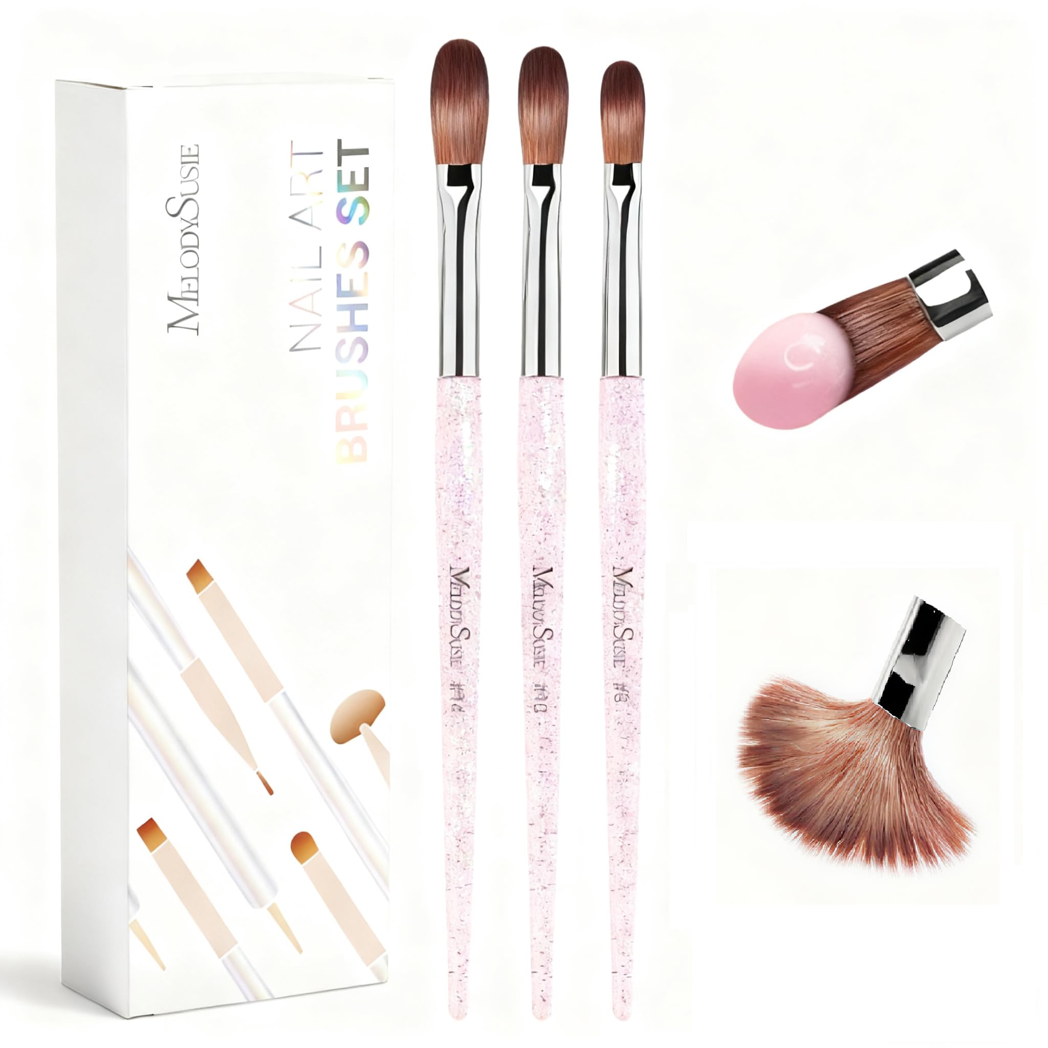 Set 3 Pinceles para Uñas Acrílicas 8/10/14, Pincel Uñas Gel UV, Kit Pinceles Decoración Uñas Profesional, Acrílico y Polvo Acrílico, Ideal para Principiantes, Nail Art, Regalo Mujer DIY