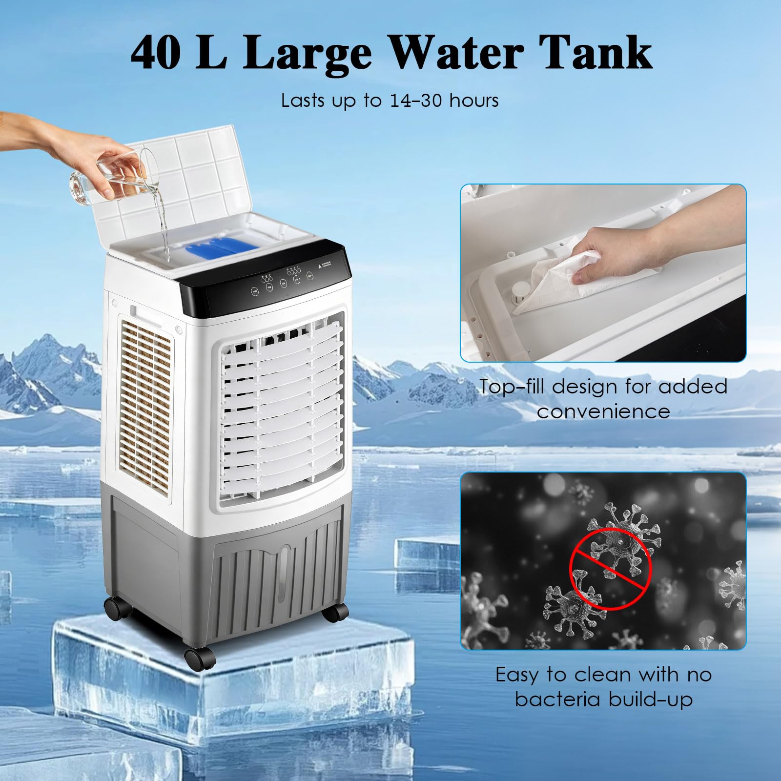Raffrescatore Evaporativo Industriale 40L, Rinfrescatore d'Aria Professionale 100W, Portata 3000m³/h con 3 Filtri a Nido d'Ape, Timer 7.5H, Telecomando, per Grandi Ambienti, Garage