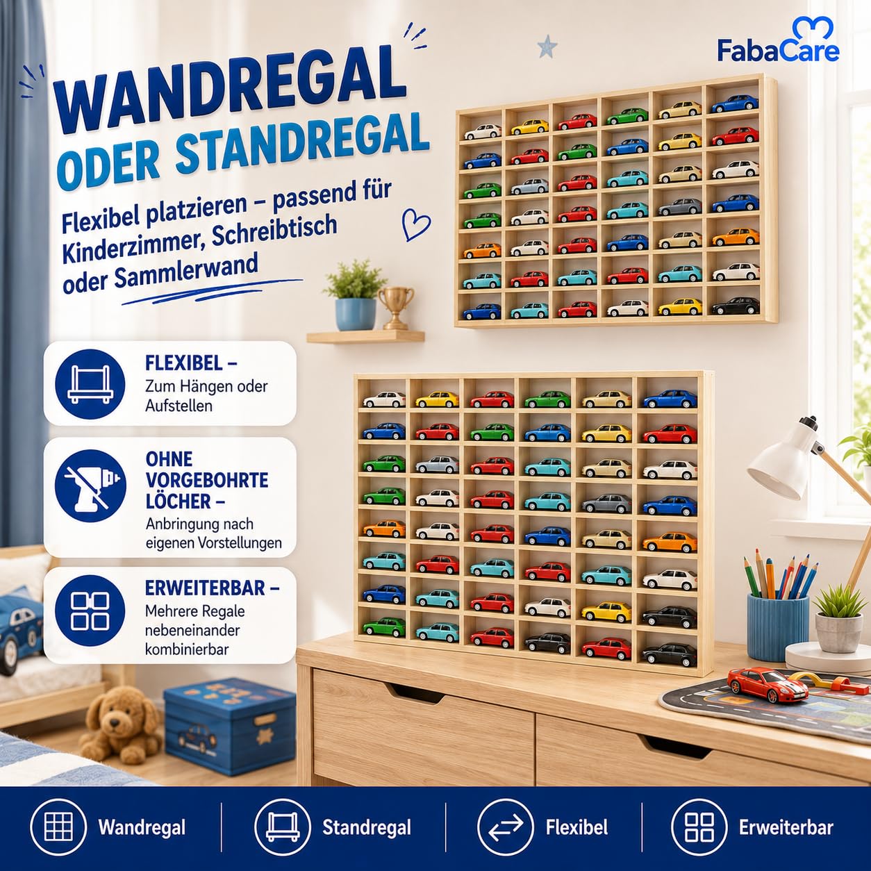 FabaCare Modellauto Regal aus Holz Setzkasten mit 60 Fächern zur Aufbewahrung von Spielzeugautos | Wand- oder Standregal für das Kinderzimmer & Sammler