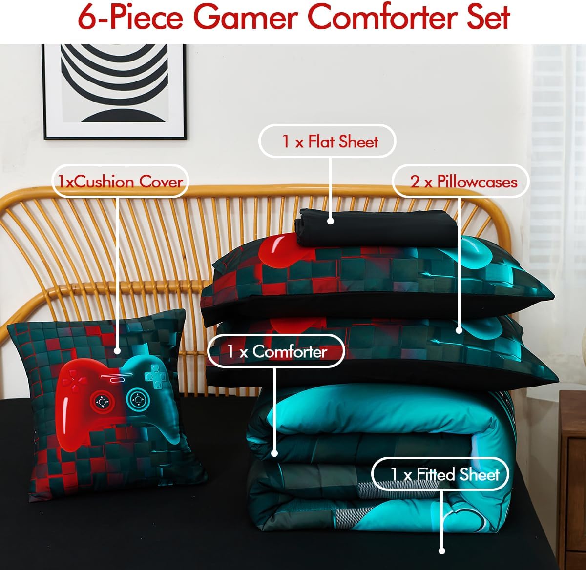 PERFEMET Boys Bedding Set Full 6 Pieces Red and Teal Video Game Kids Bed in A Bag 3D Cool Soft Lightweight Girls Teens Gamer Bed Set with Sheets(Red Teal, Full) - Image 3