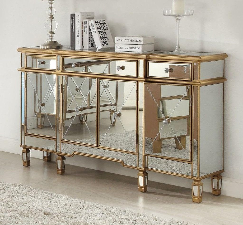 Benton Collection Gold Wood Frame Mirrored Panels Andrea Storage Sideboard Buffet Cabinet for Living Room (48-inch x 14 inch deep x 36 inch Height)