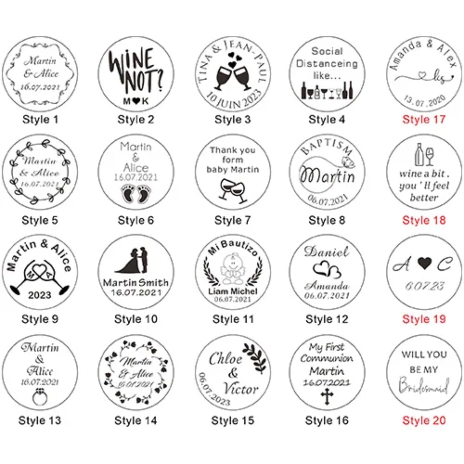 Tapones de vino de corcho personalizados grabados para boda (90 unidades)