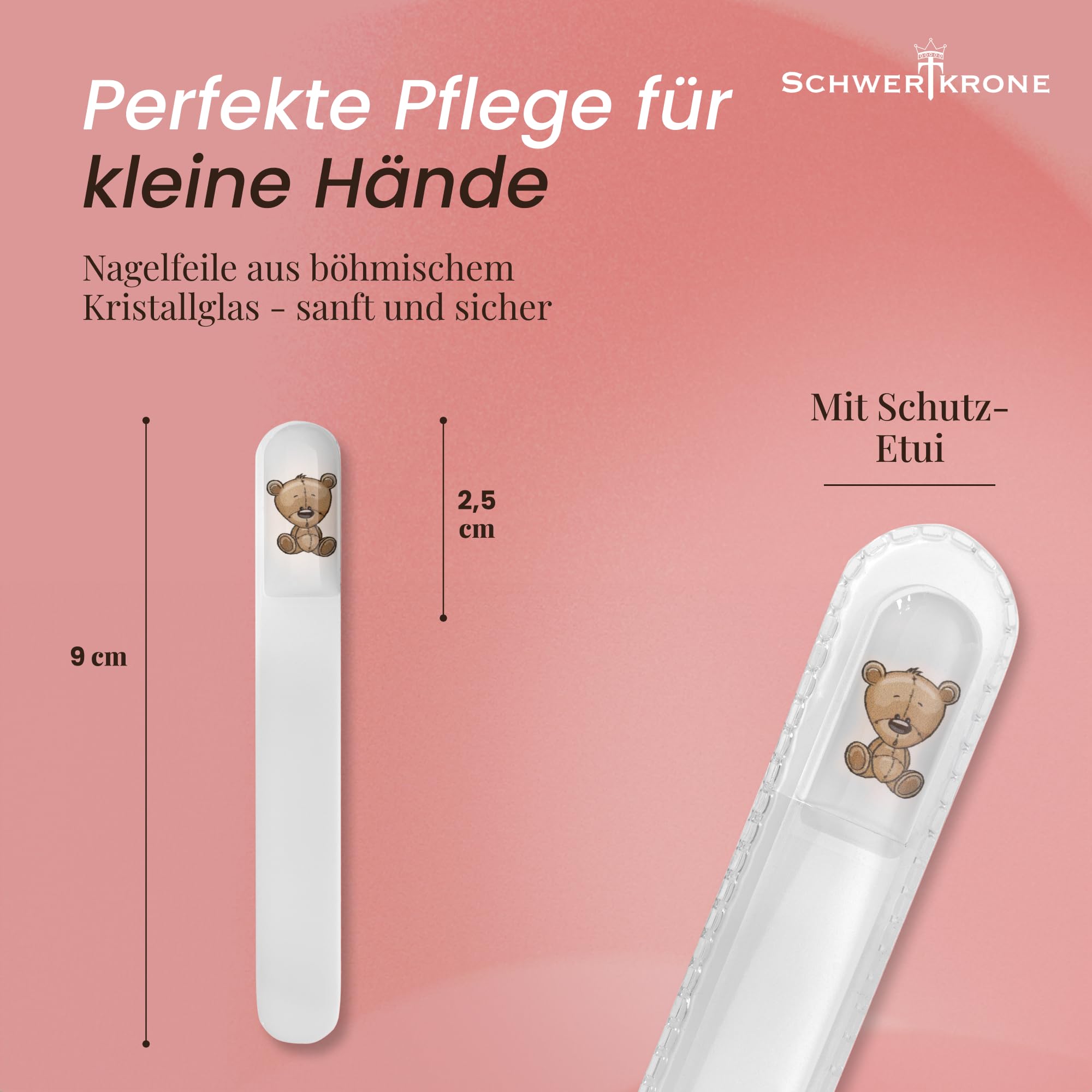 SCHWERTKRONE Lime à ongles pour enfant en cristal de Bohême délicate lime en verre pour bébés et jeunes enfants à grain fin des deux côtés Motif ourson en gel 3D hygiénique Made in EU