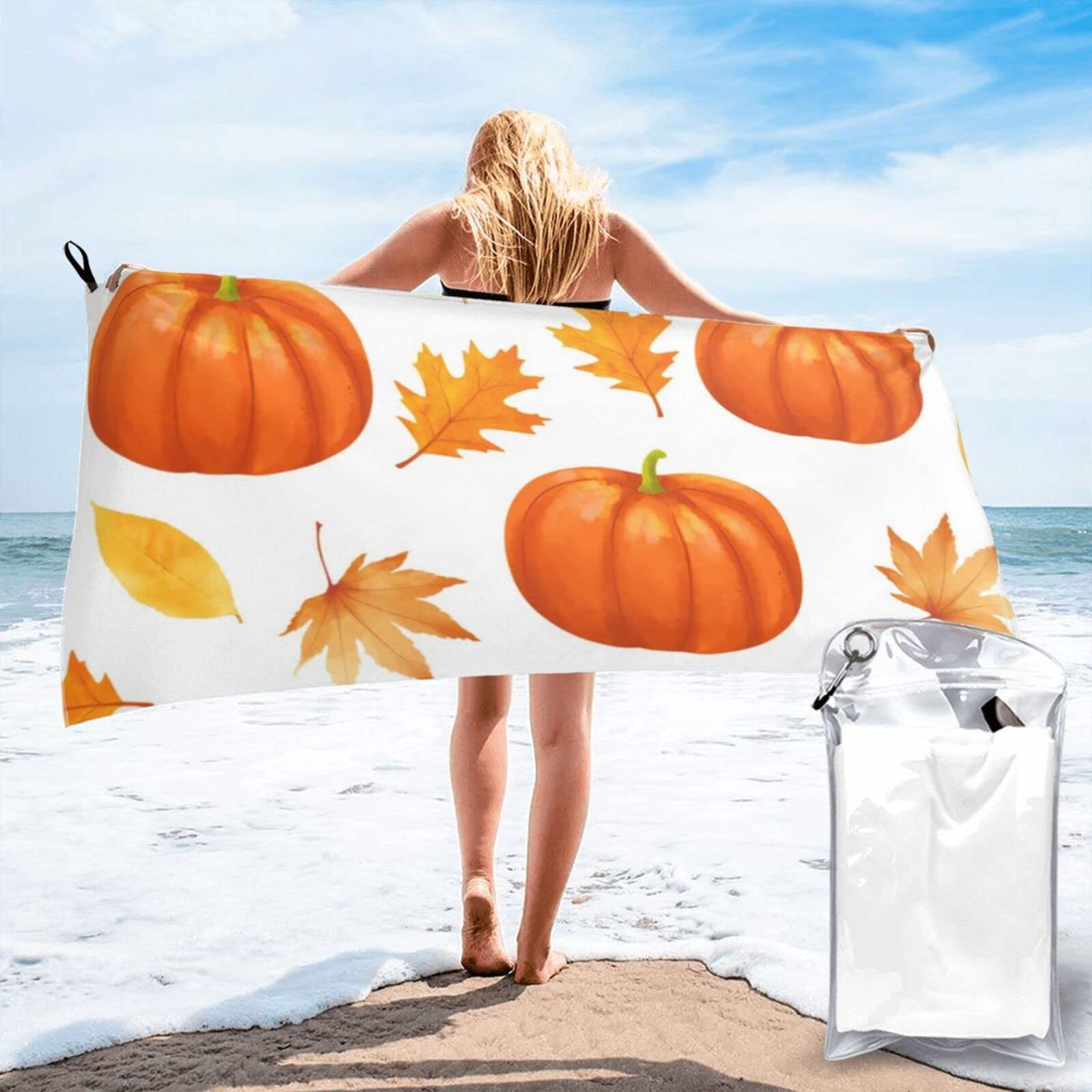 Lawenp Fall Pumpkin Maple Leaves Microfiber Beach Towel Adults Large Quick Drying Bath Towel Travel Towels with Pouch 27.5"x55"