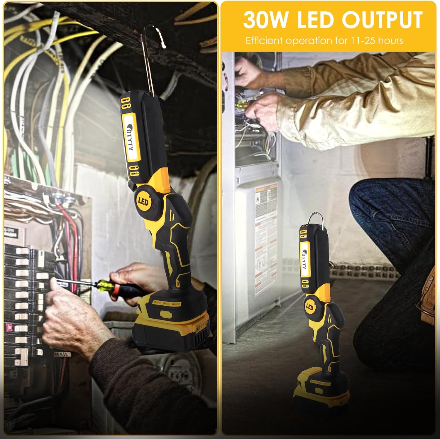 OTYTY Cordless LED Work Light, Compatible with DeWalt 20V Max Battery, 30W 2000LM Rechargeable Work Flashlight Portable Flood Light, Pivoting Head, Black and Yellow (DCL050)