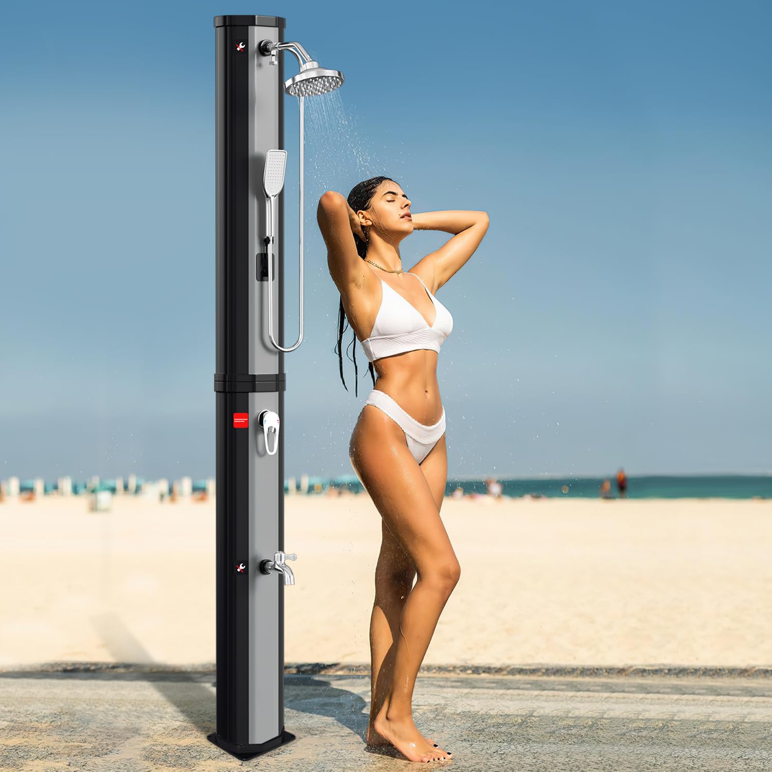 Eulenke Douche Solaire Piscine 60 litres INCL Capot de Protection et Douchette à Main, Maximum 60°C, Douche Camping avec Douche de Pied et pommeau de Douche Rond, Douche Exterieur Argent et Noir