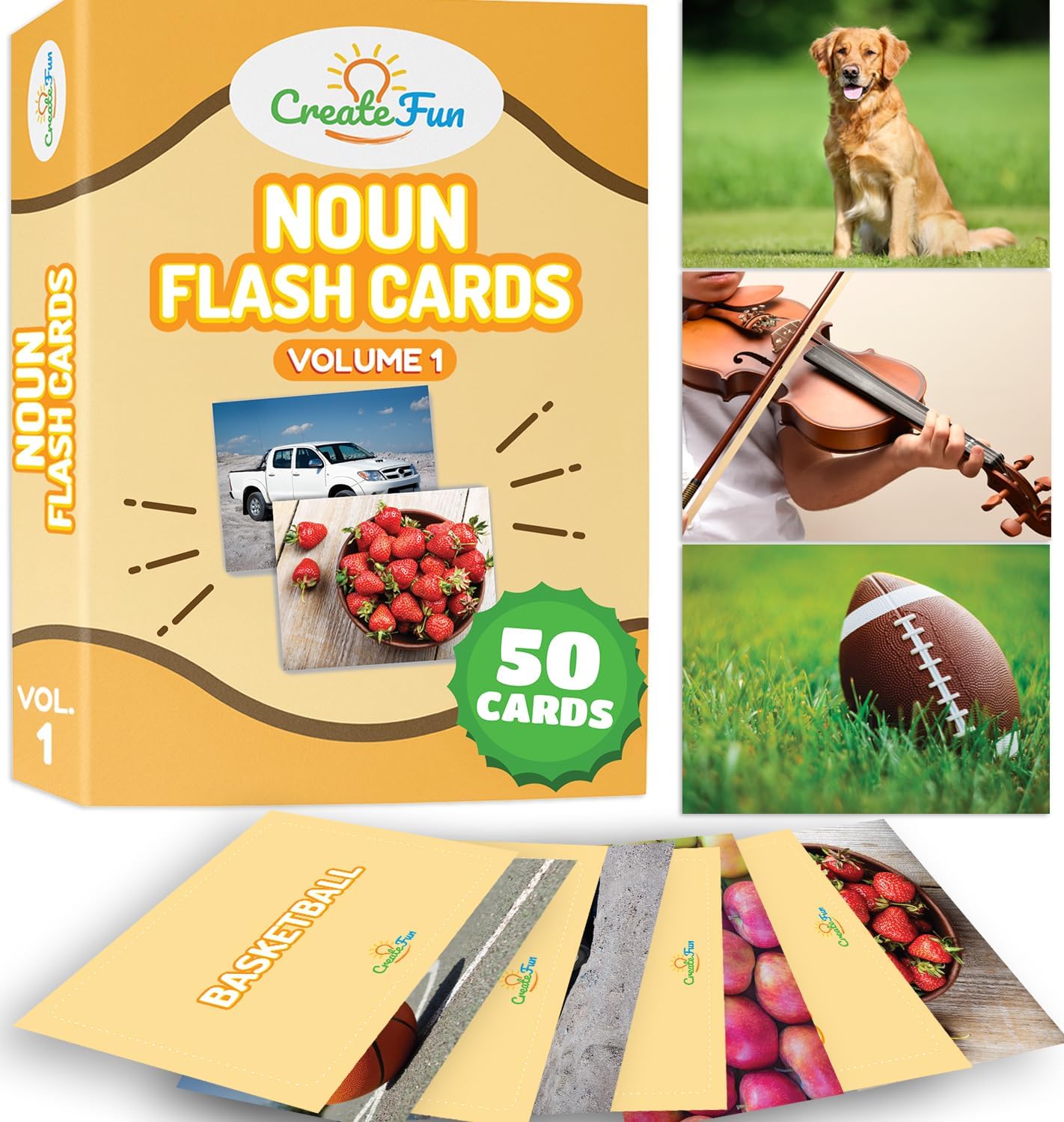 CreateFun 50 Noun Flash Cards - Vocabulary Builder Photo Cards for Kids, Adults, Speech Therapy, ESL, Autism, Seniors