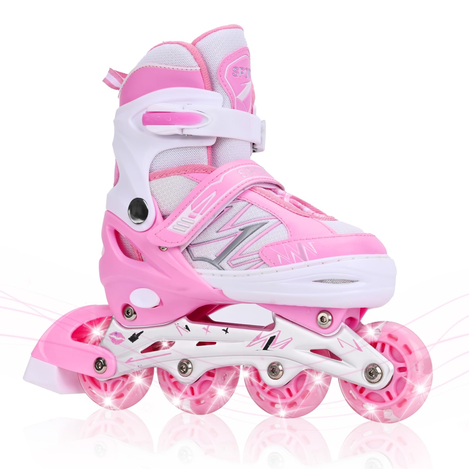Pattini in linea per bambini regolabili per ragazze ragazzi con tutte le ruote che si illuminano, per principianti grandi pattini a rotelle per bambini all'aperto e al coperto (Rosa Bianco, S)