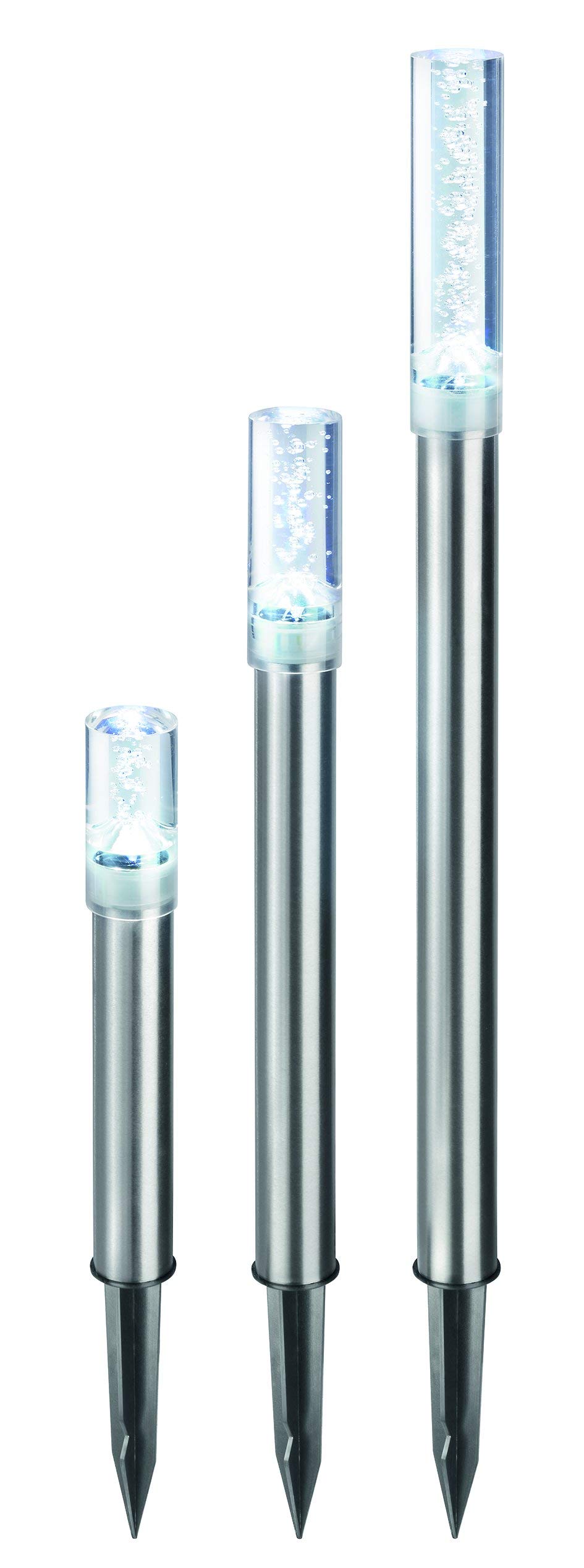 Esotec Solar LED Leuchtstäbe Trio Sticks, 3er Set, Luftblasen, Akku, Gartenstecker, Außenleuchte, Wegeleuchte, Gartenleuchte, Pfostenleuchte, kaltweiß, Edelstahl, Metall, IP44, outdoor, außen, 102600