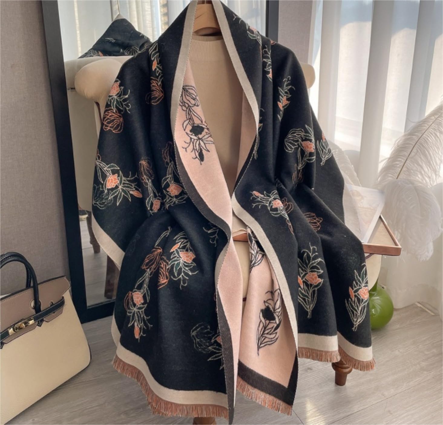 Bufanda Chal Bufanda Cálida De Doble Cara Para Mujer, Chal Con Estampado De Flores Y Otoño De Invierno, Grueso Suave y Cálida