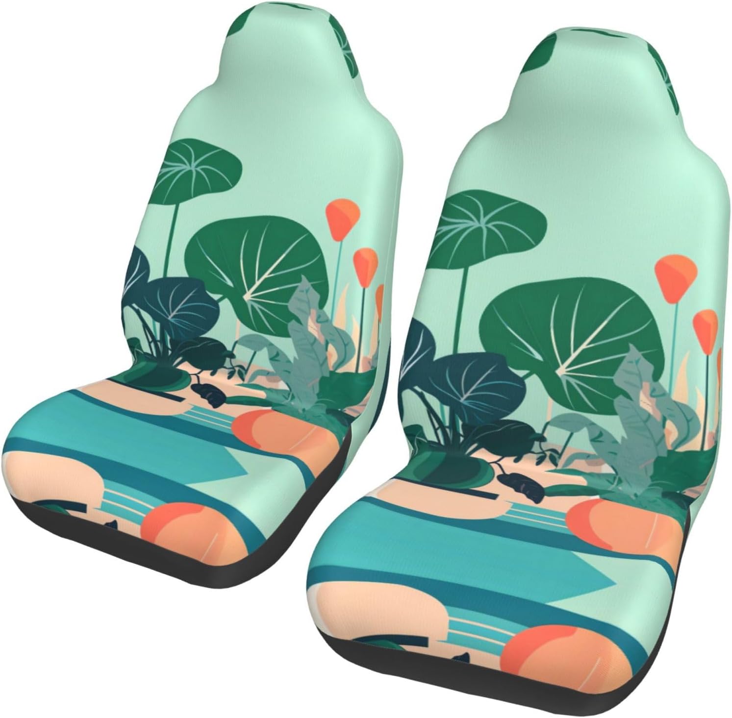 Indoor Cartoon Potted Green Plants Printed Car Seat Pad Protectors (2 Pack), Full Coverage, No Moving, Easy to Install, Fits Most Seats