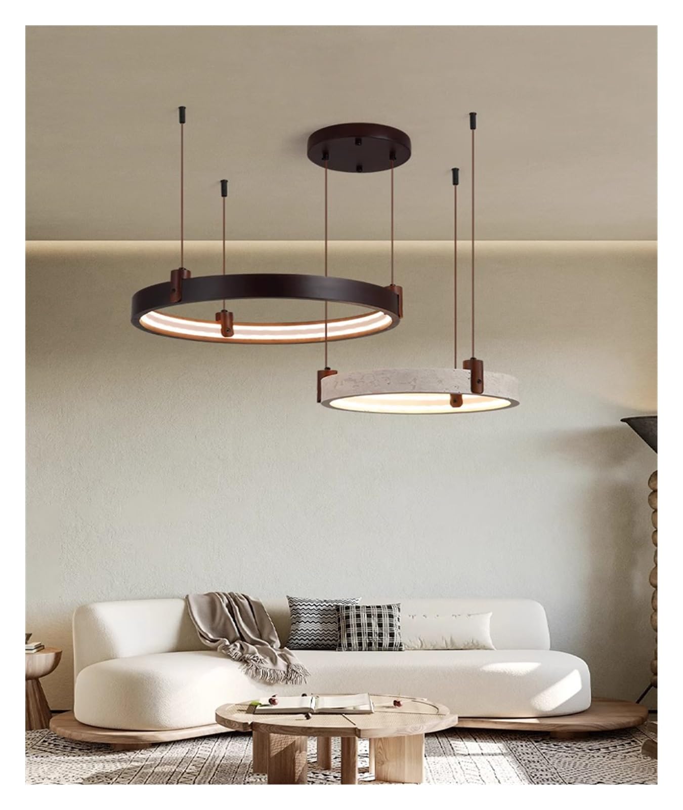 Żyrandol z naturalnego kamienia i drewna z pierścieniem 40-65 cm LED 2025, oświetlenie wiszące do jadalni, holu i salonu (neutralny, 2 pierścienie 50-65 cm).