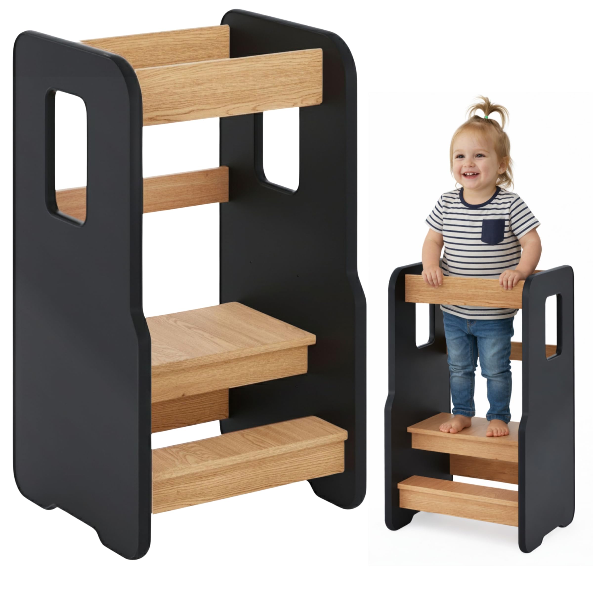 Wieża Edukacyjna dla Dzieci, Pomocnik Kuchenny dla Dzieci, Wieża do nauki Montessori, Learning Tower, Drewniany z Regulacją Wysokości, Czarny/Dąb