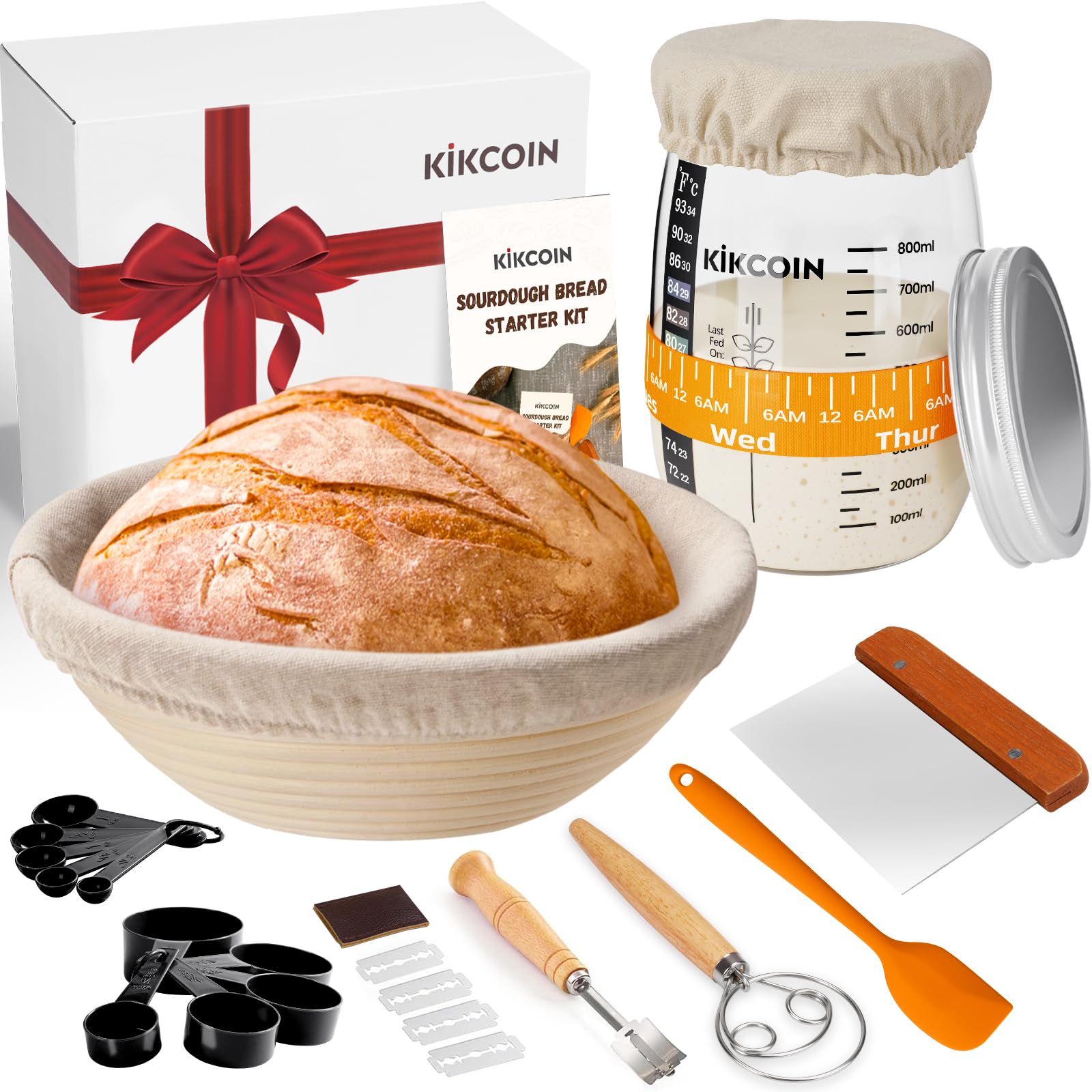 Kit completo Sourdough Starter Kit, il set di panini per la preparazione del pane, il set include barattoli di avviamento Sourdough da 35 g, forniture per pane, pane, frusta danese, raschietto per