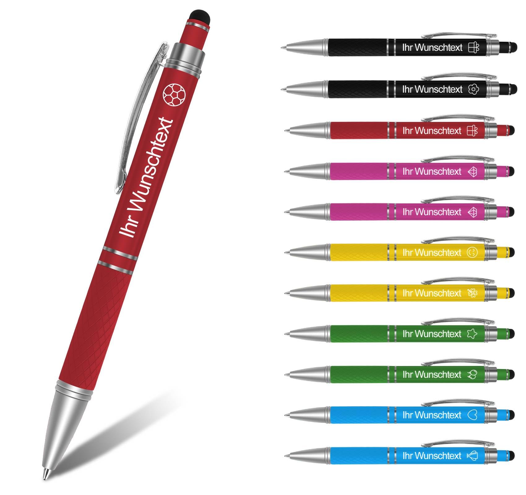 Touchscreen Kugelschreiber mit Gravur–Personalisierbarer Stift für Tablets, mehrfarbig, 50 Stück,Ideal als Werbegeschenk mit Logo, Personalisiertes Geschenk für Schule, Büro, Hochzeit & Kunst