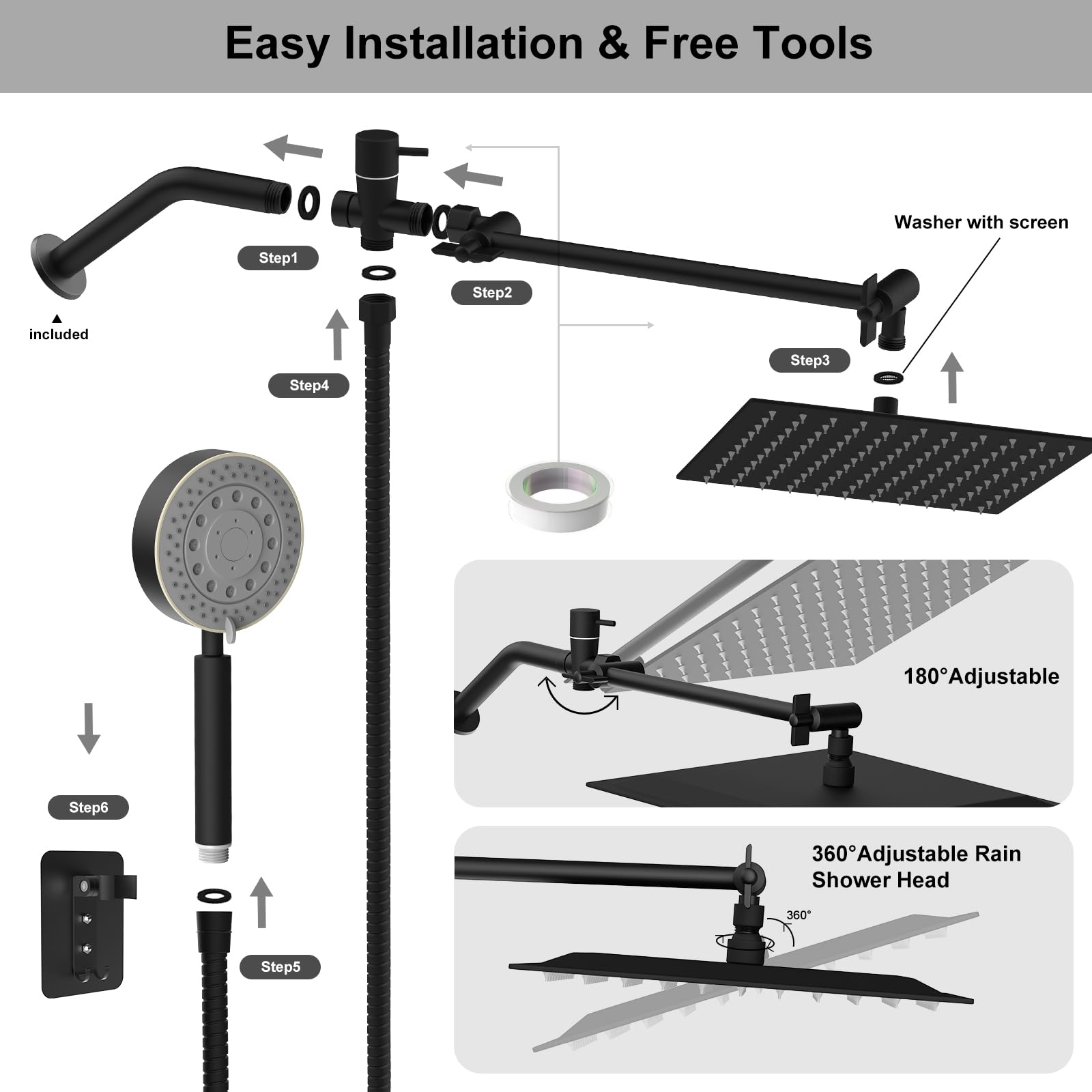 Regenduschkopf Mit Handbrause Set, Mattschwarz – 25 Cm Groß, 7 Einstellungen & Verstellbarer Arm Für Ein Perfektes Dusch-Erlebnis