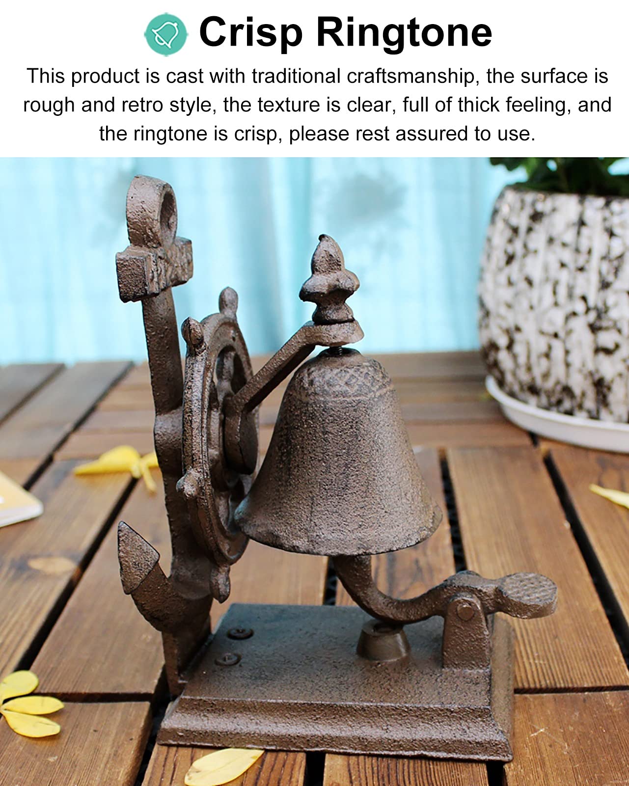 Campana de pared retro de servicio de metal Timón de acero, adorno de anillo de mano de barra elegante y adornado, estilo tradicional Pub cena, campanilla