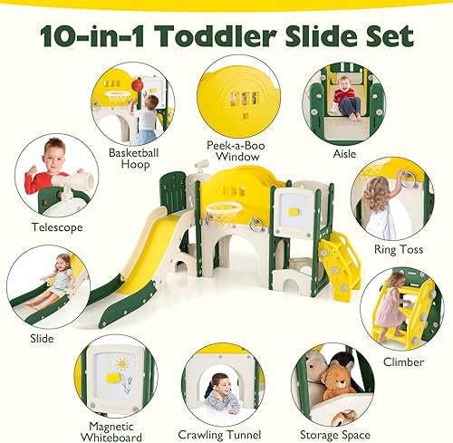 Miniatura 2 de Costzon Juego de toboganes 10 en 1 para niños pequeños, tobogán y escalador con pizarra blanca magnética, lanzamiento de anillo, aro de baloncesto,