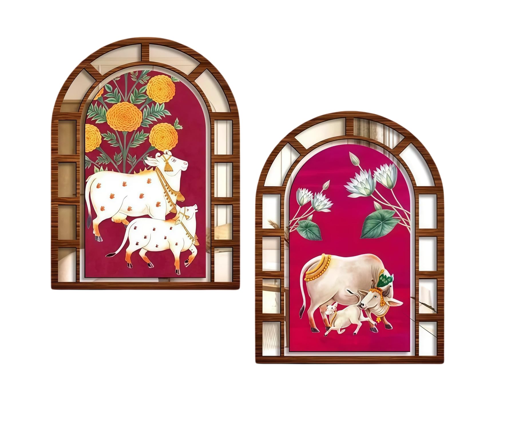 Jharokha Wall Decor Set of 2 for Living Room | Kamdhenu Cow Wooden Wall Art | Traditional Home Decoration Items for Hall, Bedroom & Office-image-27