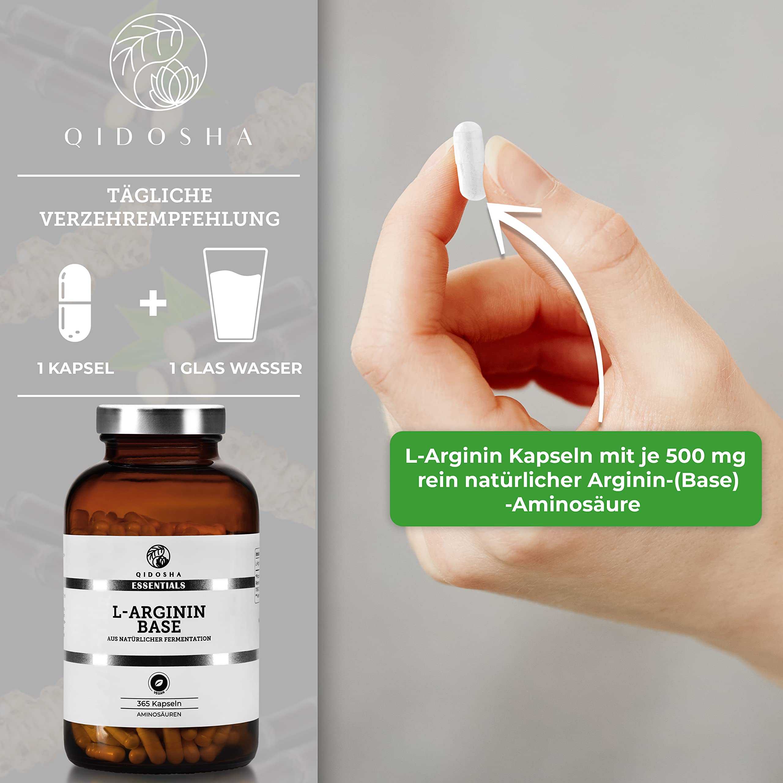 QIDOSHA® Premium L Arginin Base (nicht einfaches HCl), 365 Stk/Glas, 500mg je Kapsel, rein pflanzliche Aminosäure aus Topinambur und Zuckerrohr gewonnen, jede Charge laborgeprüft