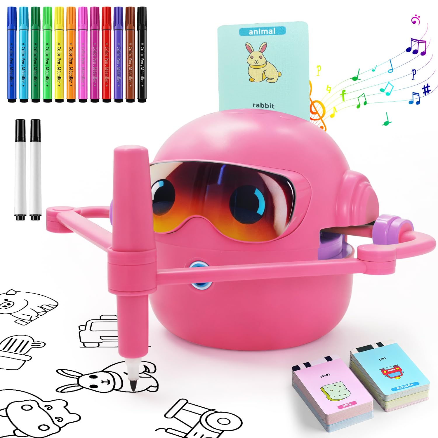 Robot de dessin Montessori - Jouet éducatif activé par la voix - Avec 100 cartes de mots et 12 crayons de couleur - Machine à dessin Montessori pour enfants de 3 à 8 ans - Cadeau créatif