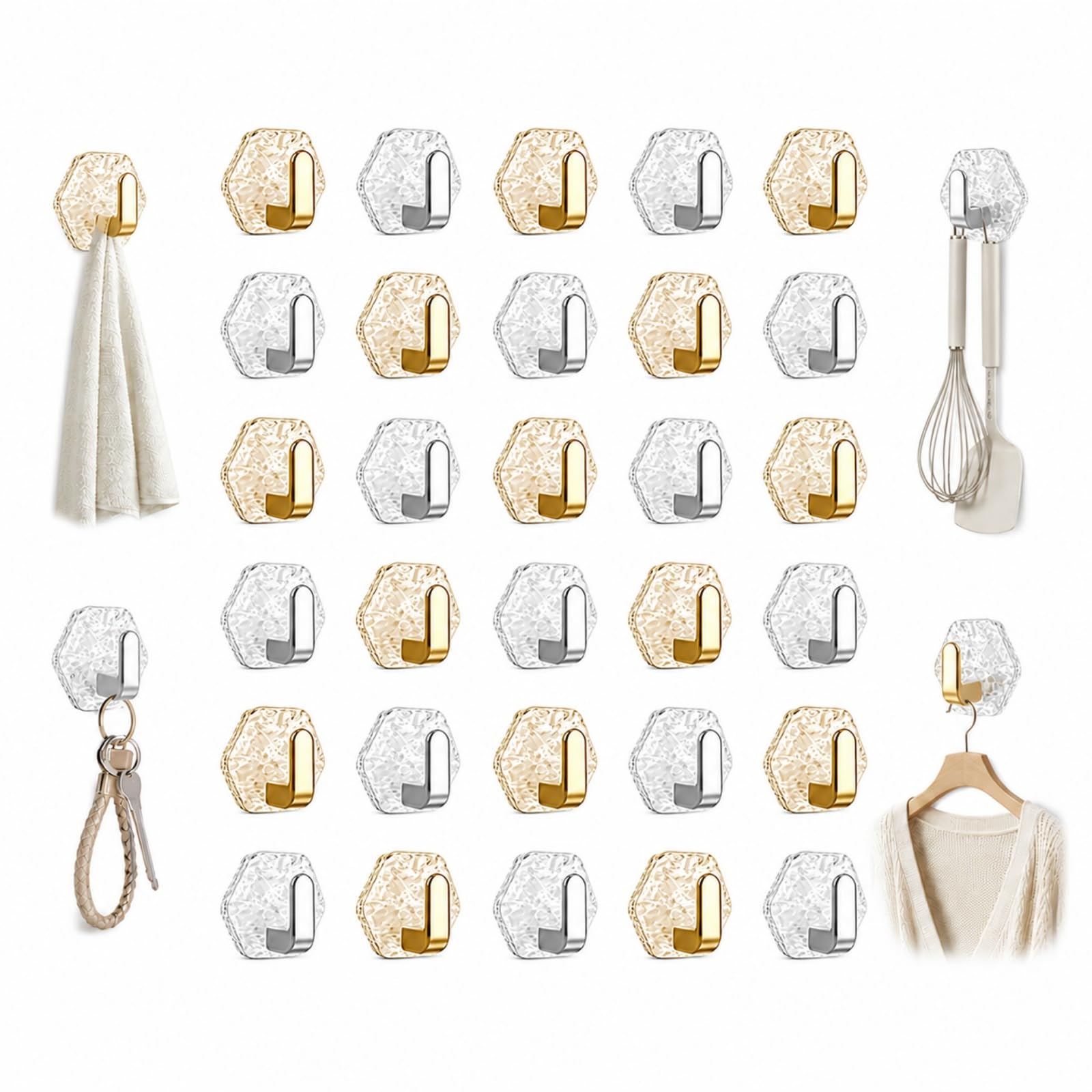 ZrdlqlLcjxy Water Ripple Hexagonal Self Adhesive Hooks, Drill Free Wall Hangers, Transparent Key Holder for Bathroom, Kitchen, Office, Living Room，30Pcs（Mix）