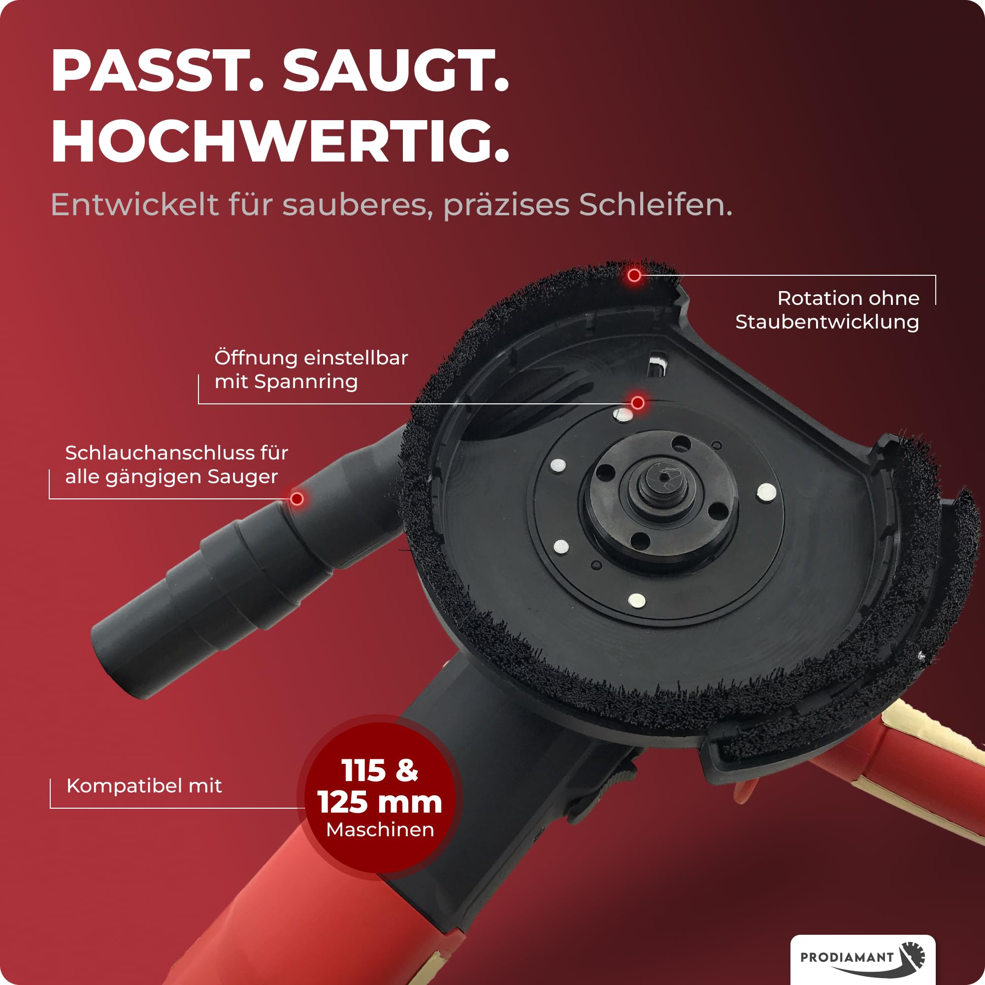 PRODIAMANT® Absaughaube für Winkelschleifer [INKL. ADAPTERRINGE, SPANNSCHLÜSSEL & STAUBSAUGERADAPTER] - mit Bürstenkranz - Staubfreies Arbeiten - Premium-Werkzeug mit Diamant-Schleiftopf - 125mm