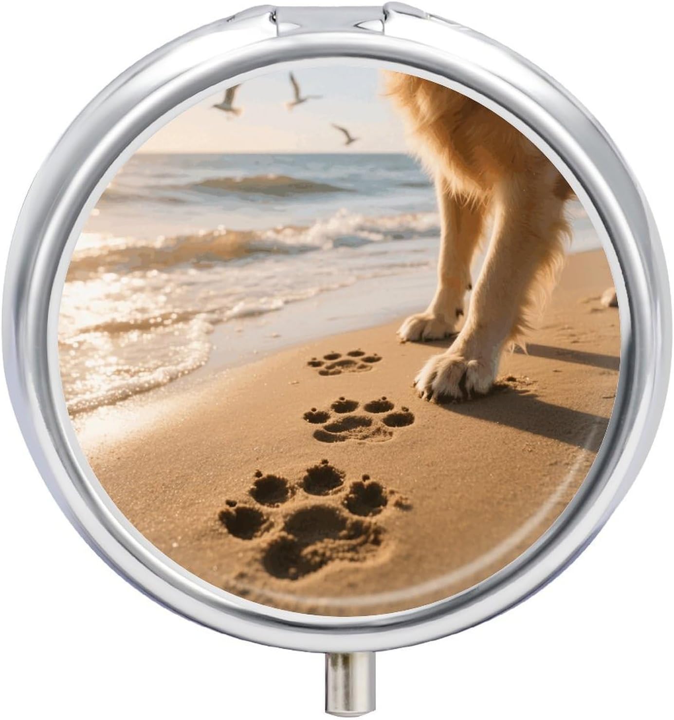 Round Daily Dog Paw Pill Case with 3 Compartment & Mirror