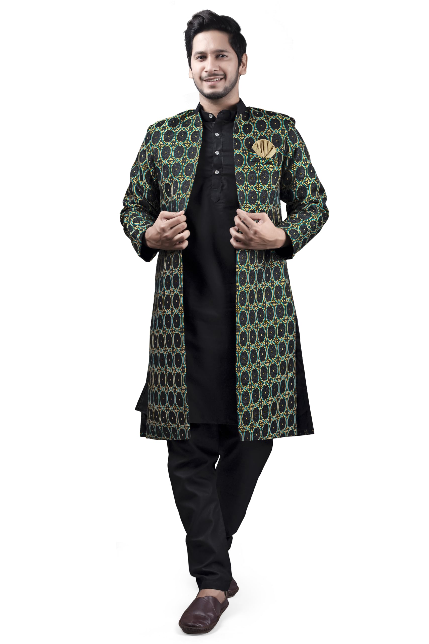 xepon Mens Ethnic Wear Black Kurta Pajama With Stylish Long Jacket Set-picture-49